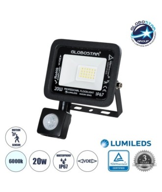 GLOBOSTAR® AURORA 64137 Προβολέας με Ανιχνευτή PIR - Αισθητήρα Κίνησης LED 20W 2500lm 120° AC 220-240V Αδιάβροχο IP67 Ψυχρό Λευκό 6000K - Lumileds SMD Chip - TÜV Rheinland Certified - Μαύρο Ματ - Μ12 x Π5 x Υ14.5cm - 3 Χρόνια Εγγύηση